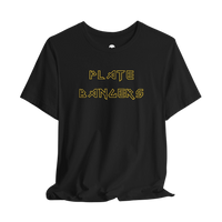 DailyThreadCo. black cotton gym t-shirt with gold geometric Plate Bangers text on the front.
