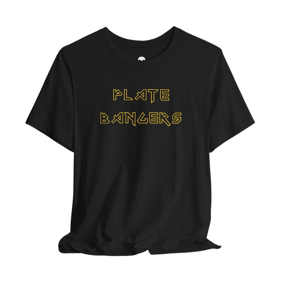 DailyThreadCo. black cotton gym t-shirt with gold geometric Plate Bangers text on the front.