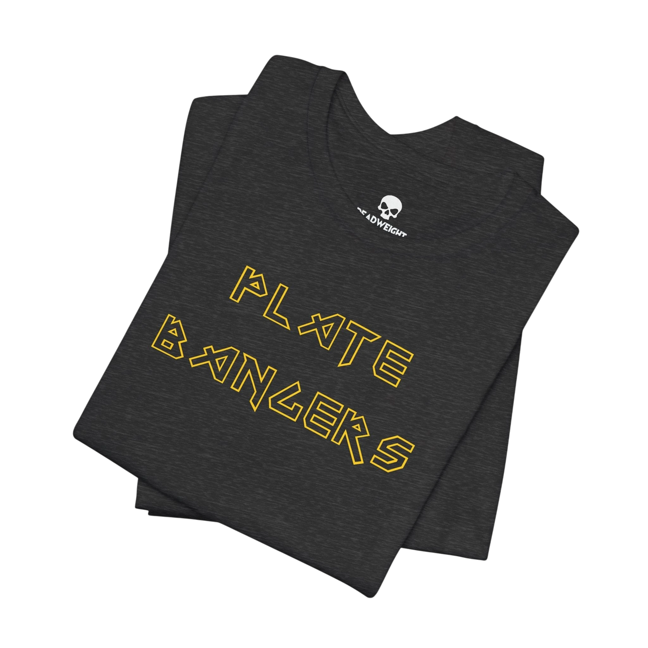 DailyThreadCo. black cotton gym t-shirt with gold geometric Plate Bangers text, folded for a clean, minimalist look.