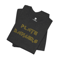 DailyThreadCo. black cotton gym t-shirt with gold geometric Plate Bangers text, folded for a clean, minimalist look.