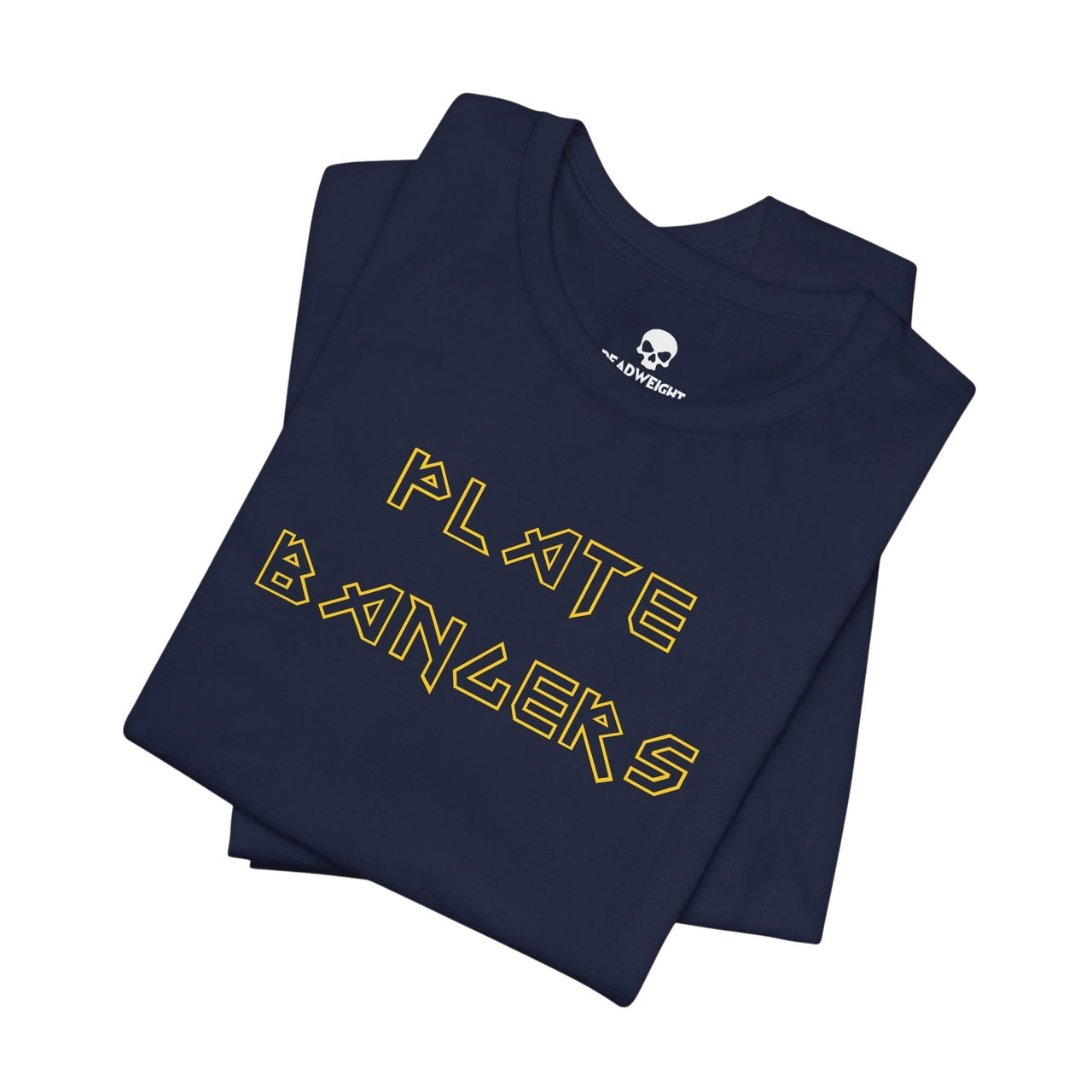 DailyThreadCo. black cotton gym t-shirt with gold geometric Plate Bangers text on the front.