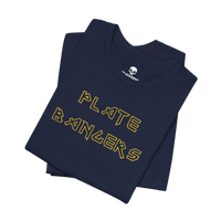 DailyThreadCo. black cotton gym t-shirt with gold geometric Plate Bangers text on the front.