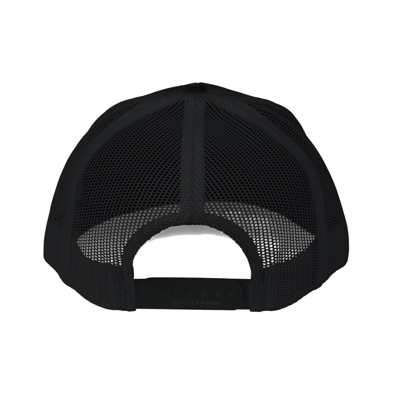 DailyThreadCo. black trucker cap featuring a breathable mesh back and adjustable plastic snapback closure.