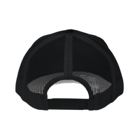 DailyThreadCo. black trucker cap featuring a breathable mesh back and adjustable plastic snapback closure.
