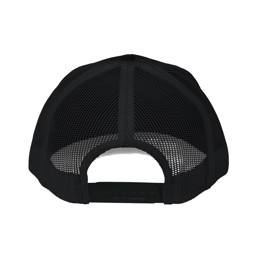 DailyThreadCo. black trucker cap featuring a breathable mesh back and adjustable plastic snapback closure.