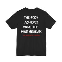 DailyThreadCo. black cotton gym t-shirt featuring a motivational quote printed in white and red on the back.