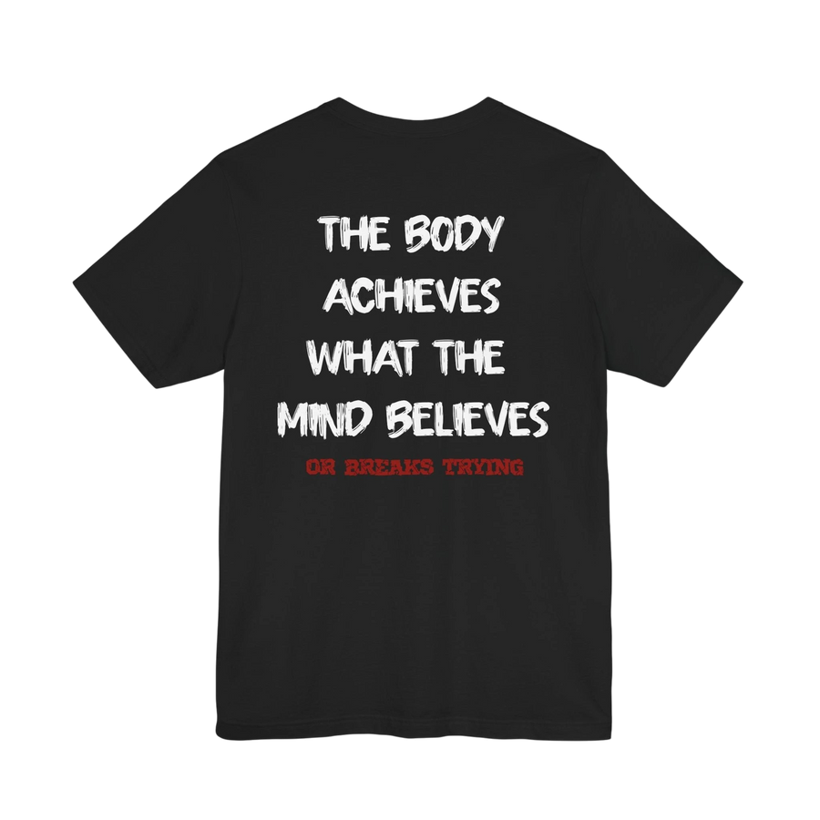DailyThreadCo. black cotton gym t-shirt featuring a motivational quote printed in white and red on the back.