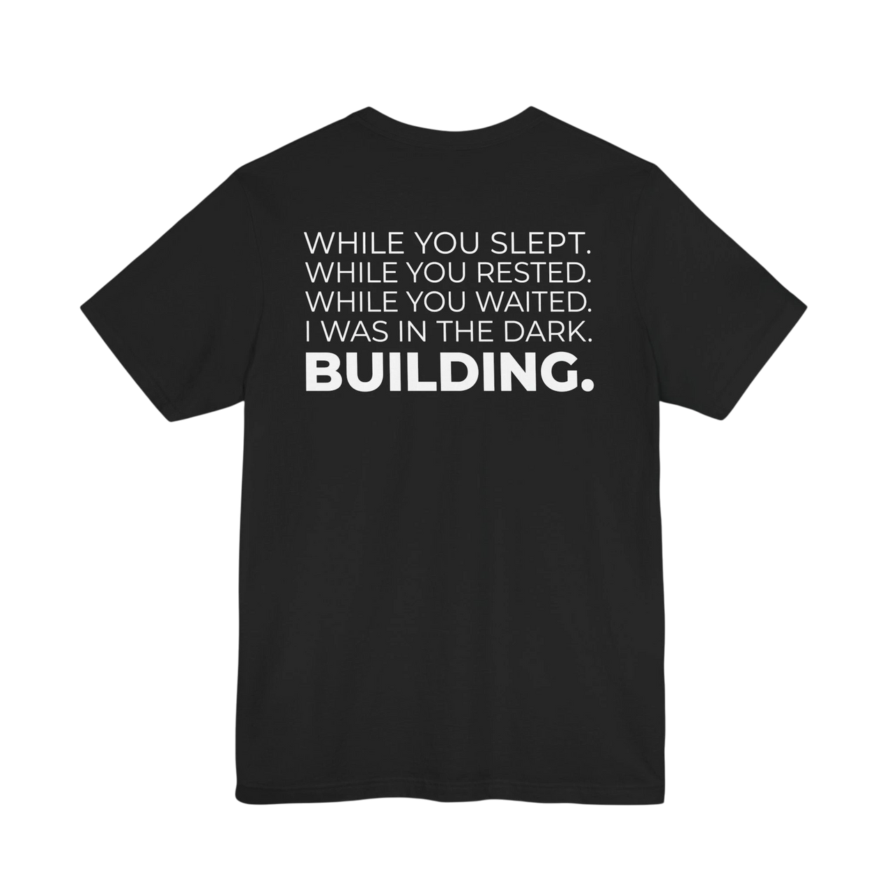 DailyThreadCo. black cotton t-shirt featuring a bold white typographic manifesto on the back.