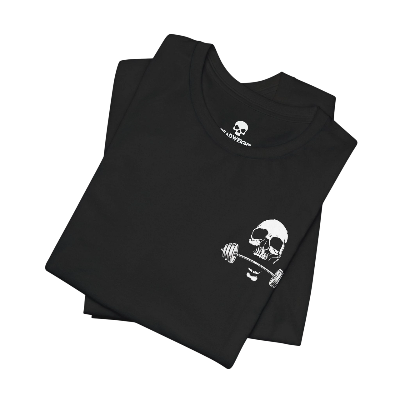 DailyThreadCo. black cotton gym t-shirt featuring a white skull and barbell chest emblem on a folded garment.