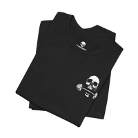 DailyThreadCo. black cotton gym t-shirt featuring a white skull and barbell chest emblem on a folded garment.