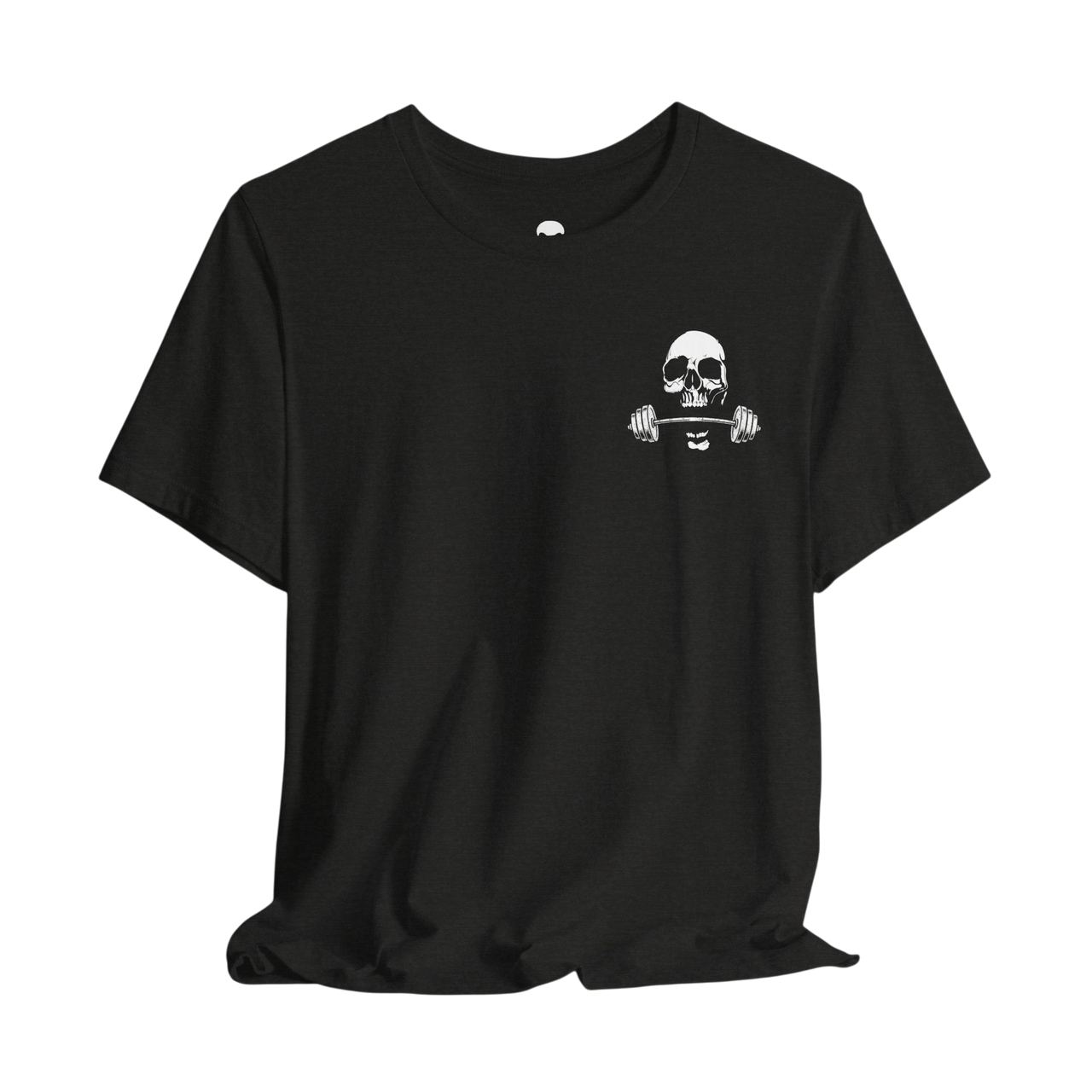 DailyThreadCo. black cotton gym t-shirt featuring a white skull and barbell graphic on the chest.