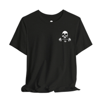 DailyThreadCo. black cotton gym t-shirt featuring a white skull and barbell graphic on the chest.
