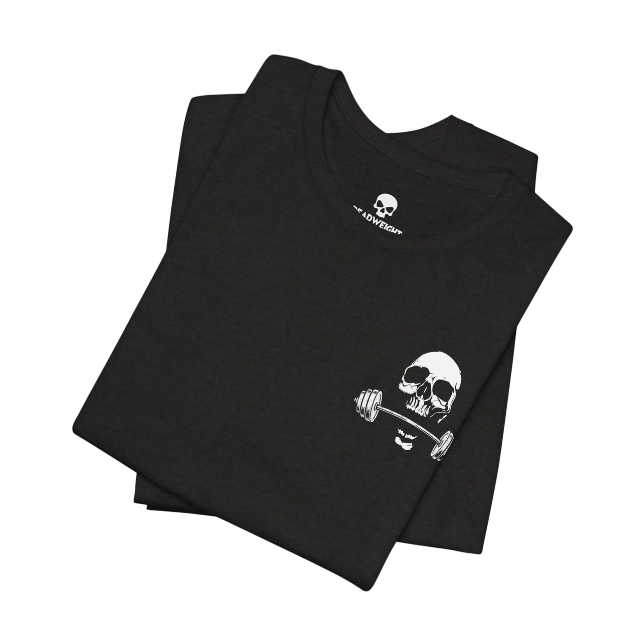 DailyThreadCo. black gym t-shirt featuring a white skull and barbell graphic on the chest.