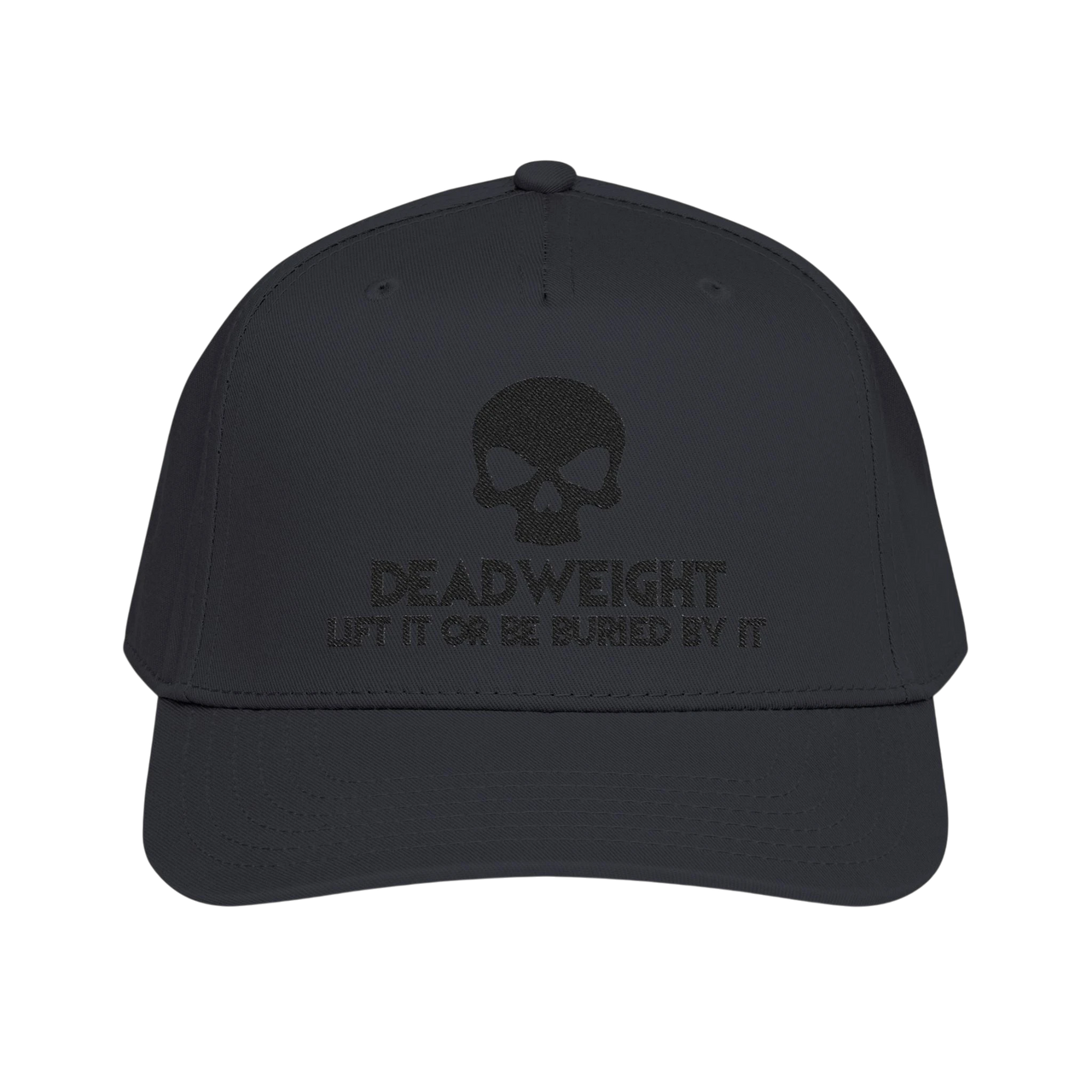 DailyThreadCo. black structured baseball cap featuring an embroidered skull and Deadweight text on the front panel.