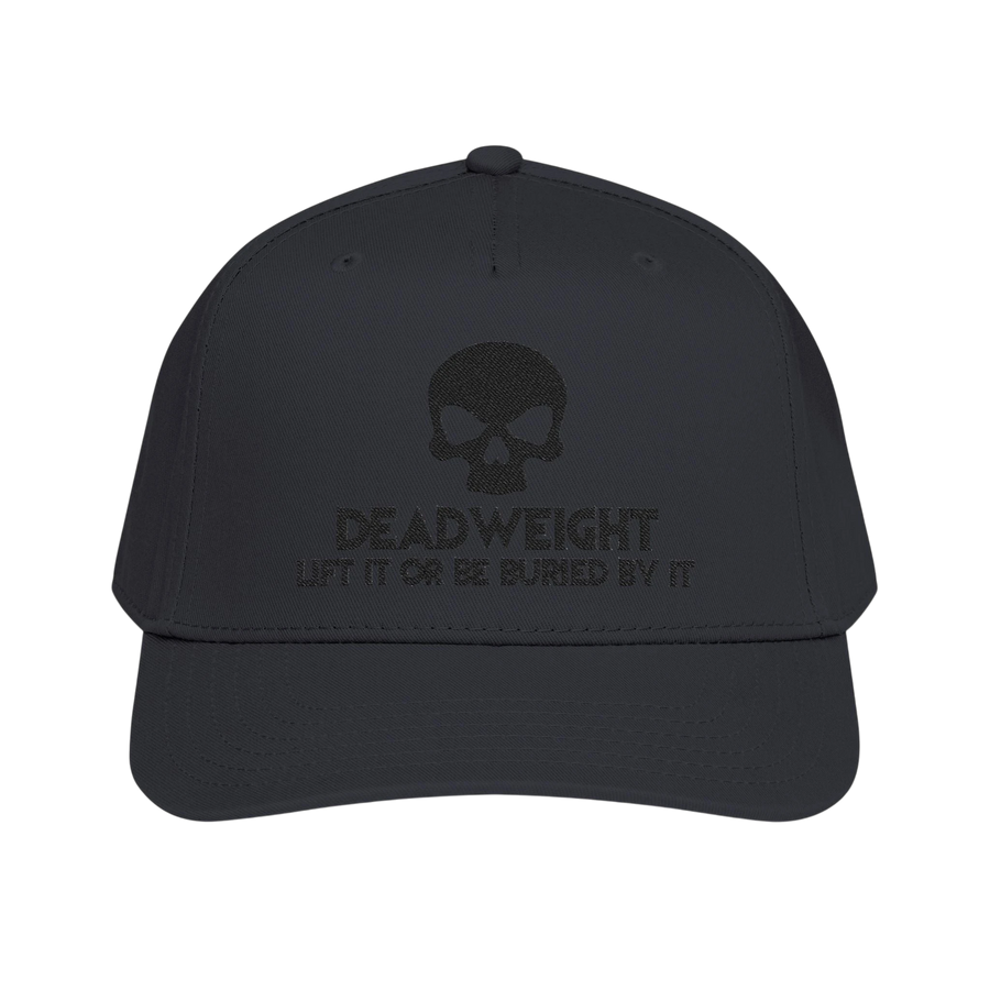 DailyThreadCo. black structured baseball cap featuring an embroidered skull and Deadweight text on the front panel.