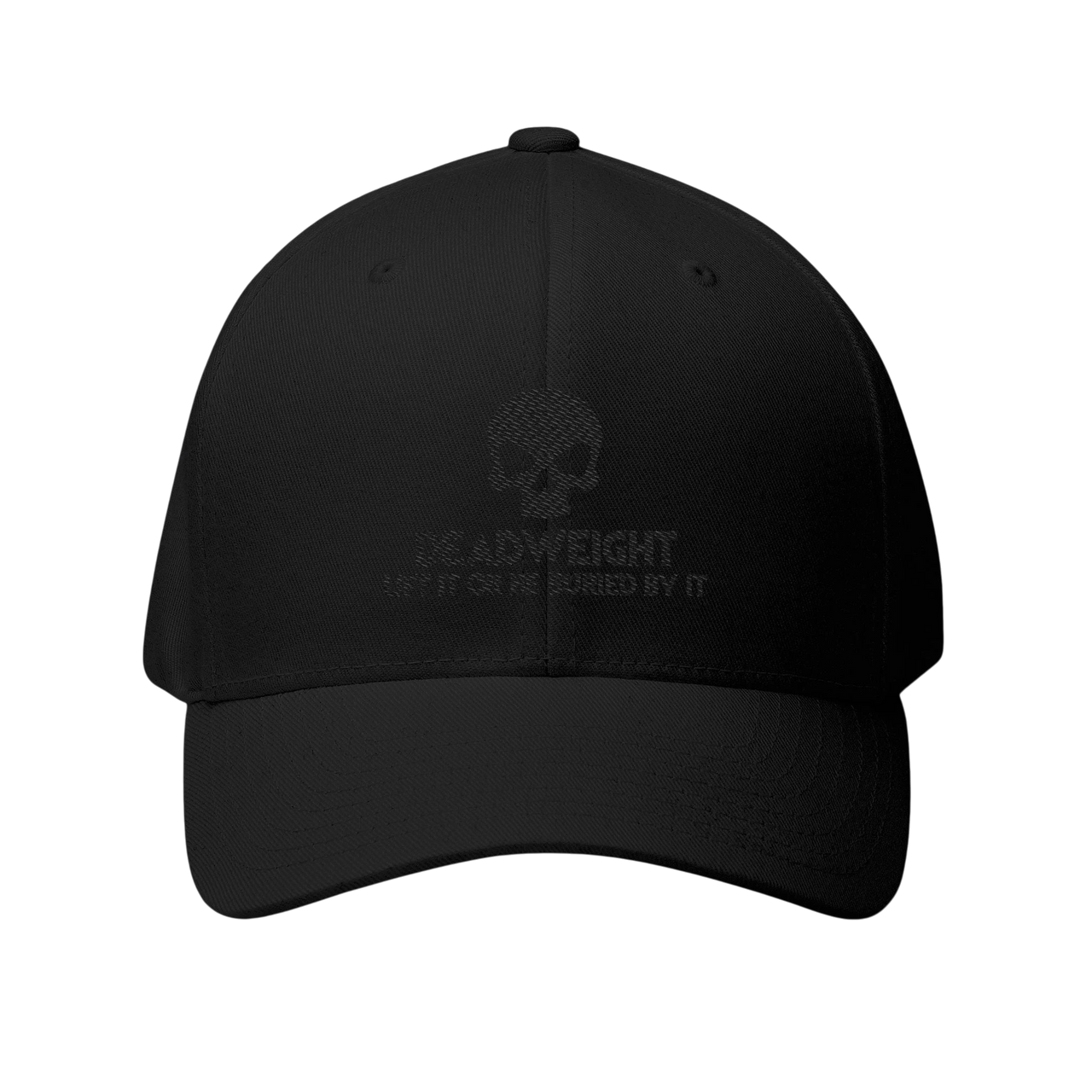 DailyThreadCo. black structured six-panel cap with embroidered skull motif and Deadweight text on the front.