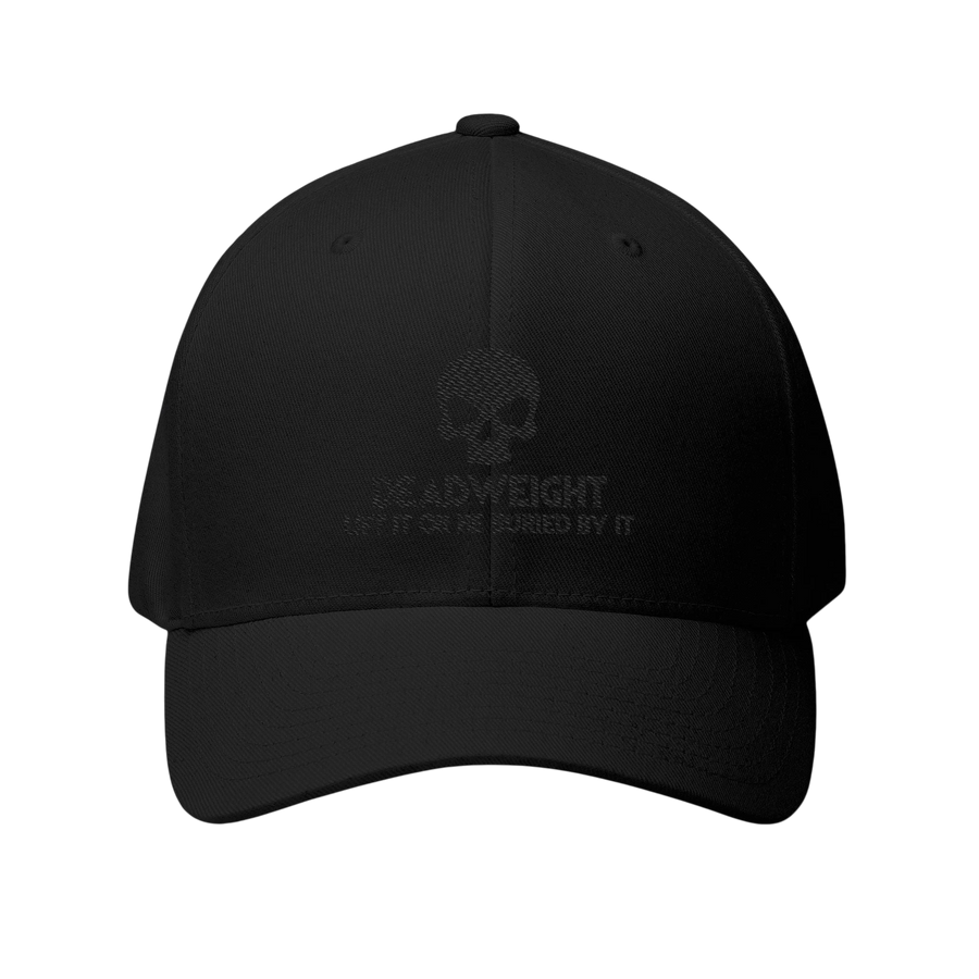 DailyThreadCo. black structured six-panel cap with embroidered skull motif and Deadweight text on the front.