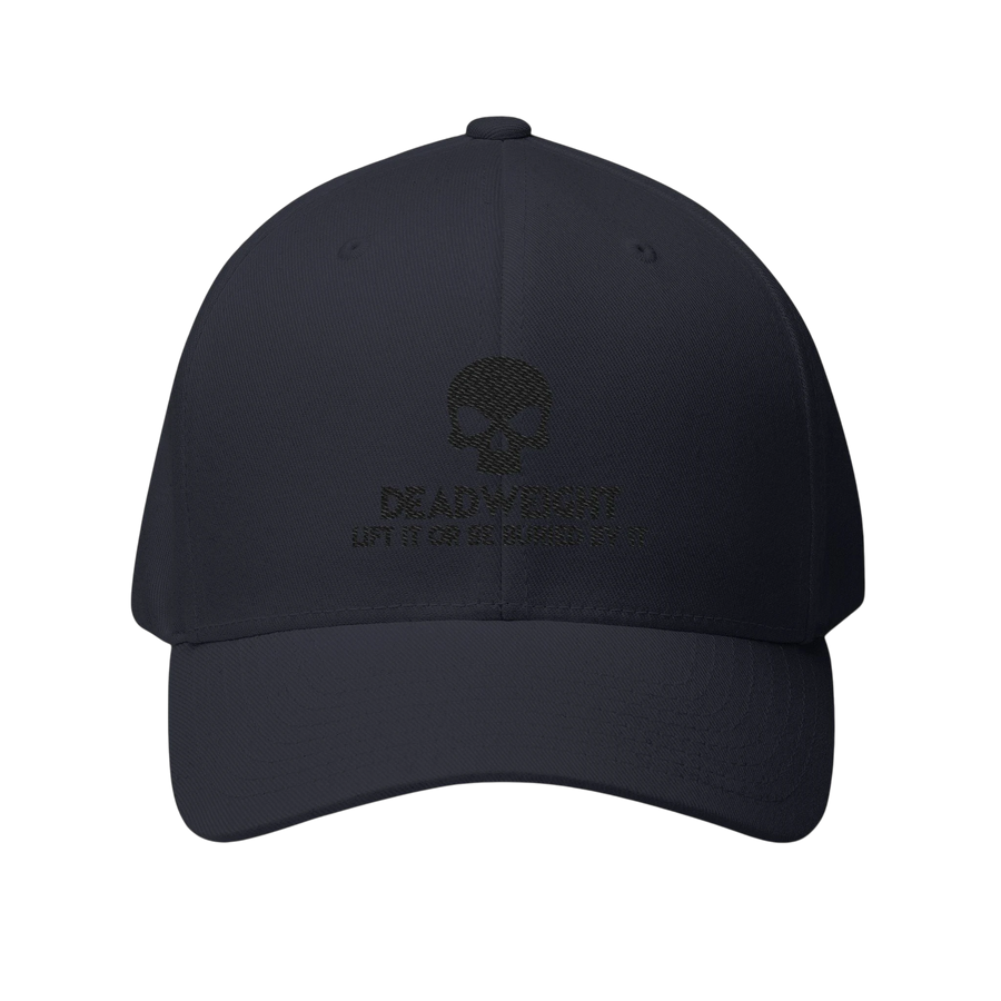 DailyThreadCo. black structured six-panel cap featuring a skull embroidery and Deadweight text on the front.