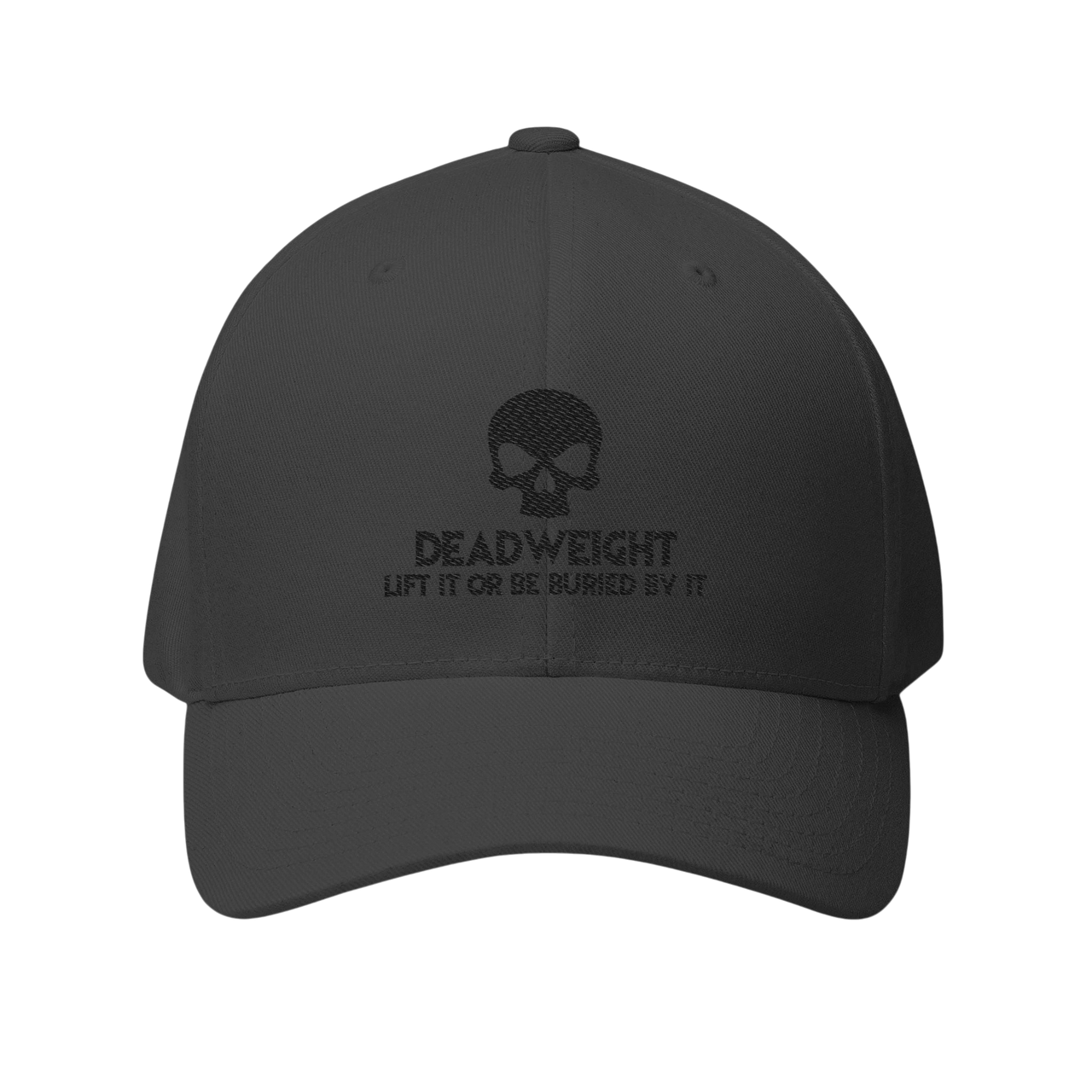DailyThreadCo. black structured six-panel cap with a skull embroidery and Deadweight text on the front.
