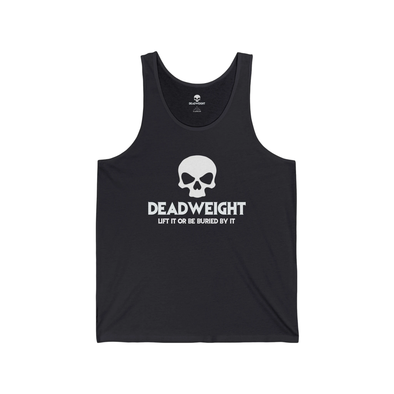 DailyThreadCo. black cotton fitness tank top with a white skull graphic and Deadweight text on the chest.