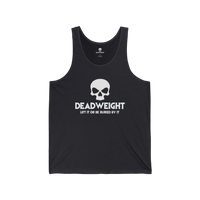 DailyThreadCo. black cotton fitness tank top with a white skull graphic and Deadweight text on the chest.