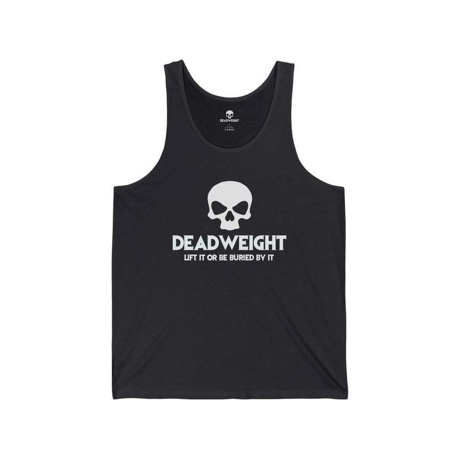 DailyThreadCo. black cotton fitness tank top with a white skull graphic and Deadweight text on the chest.