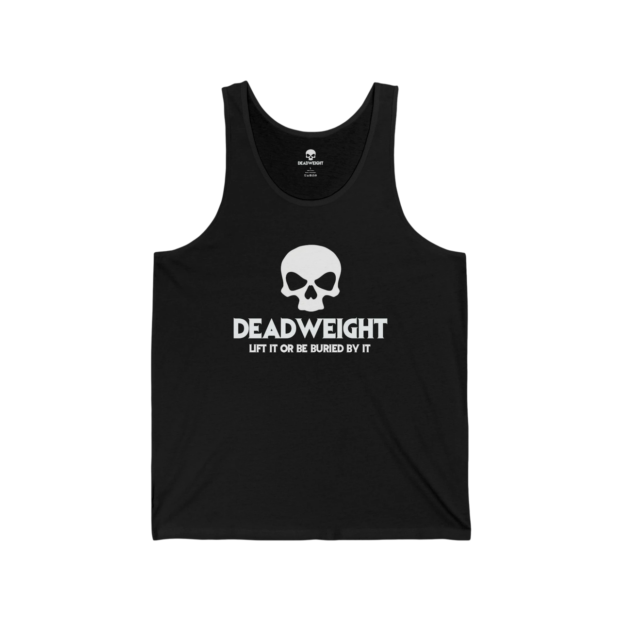 DailyThreadCo. black cotton fitness tank top featuring a white skull graphic and Deadweight text on the chest.