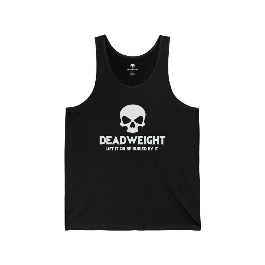 DailyThreadCo. black cotton fitness tank top featuring a white skull graphic and Deadweight text on the chest.