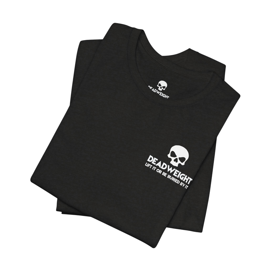 DailyThreadCo. black cotton t-shirt featuring a white skull logo and text on the chest, folded neatly.