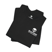 DailyThreadCo. black cotton crew neck t-shirt featuring a white skull logo graphic on the chest.