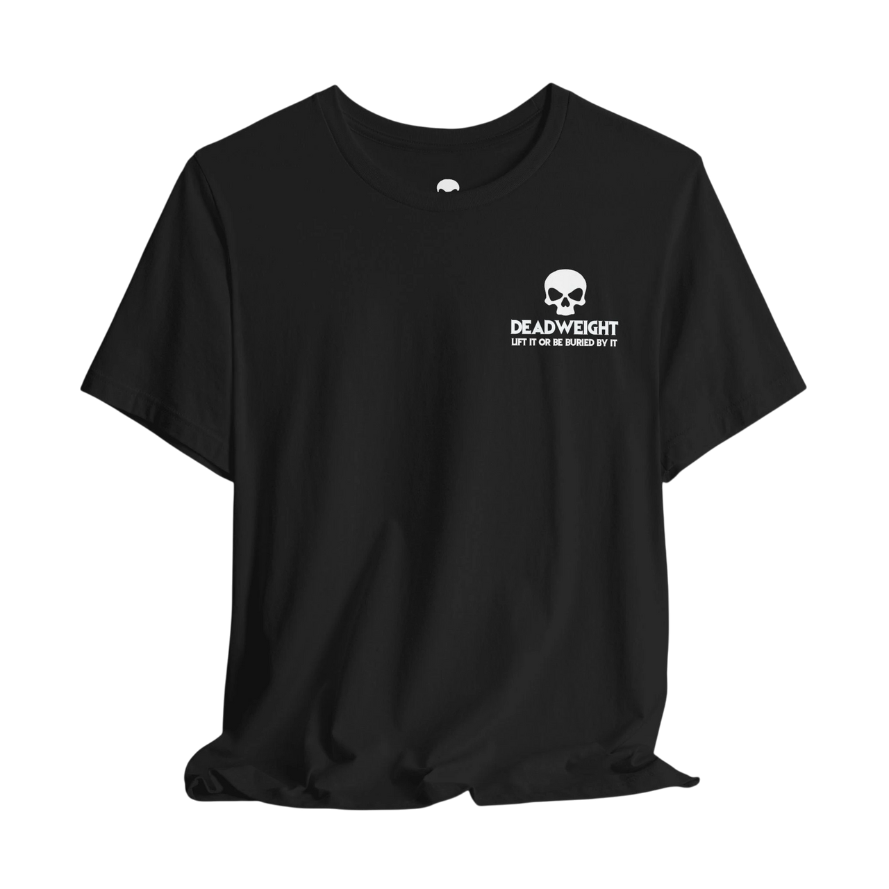 DailyThreadCo. black crew neck gym t-shirt featuring a white skull logo and Deadweight graphic on the chest.