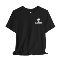 DailyThreadCo. black crew neck gym t-shirt featuring a white skull logo and Deadweight graphic on the chest.