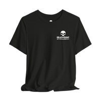 DailyThreadCo. black cotton crew neck t-shirt featuring a small white skull logo graphic on the chest.