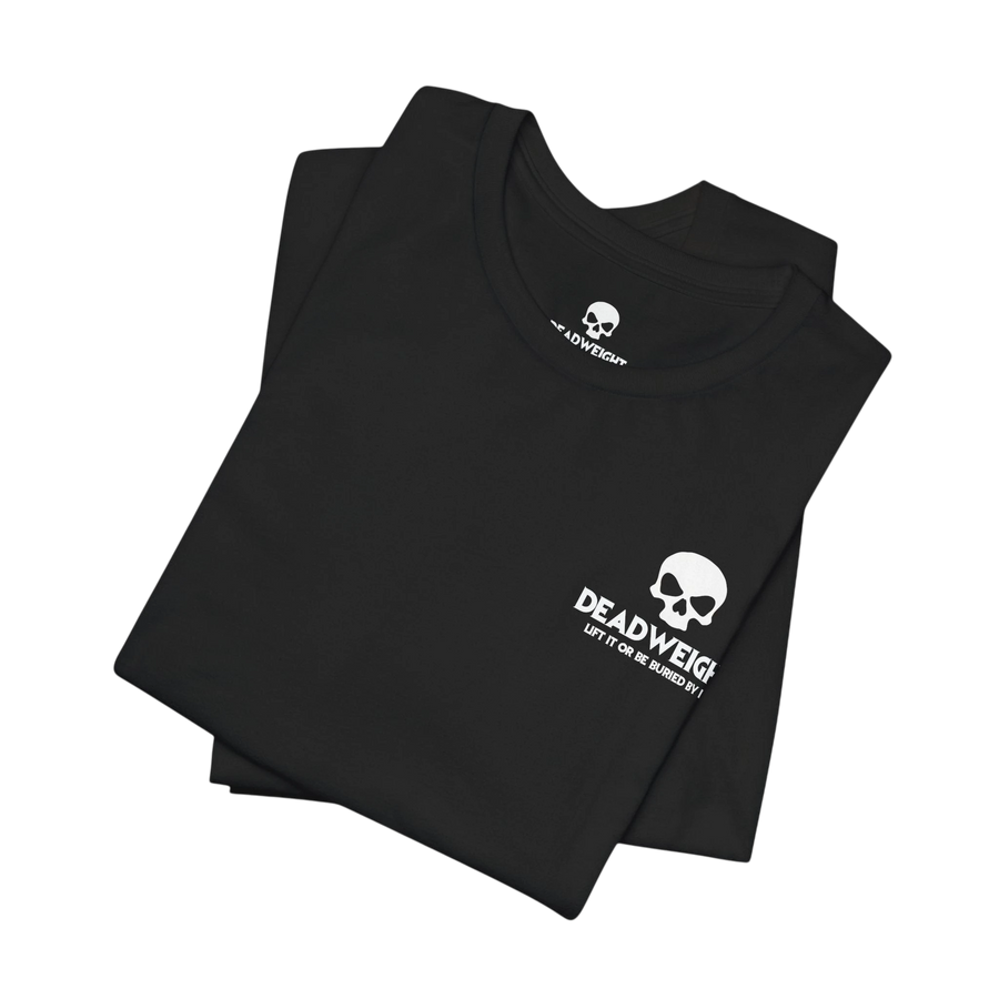 DailyThreadCo. black cotton t-shirt with a white skull logo and Deadweigh text on the chest.