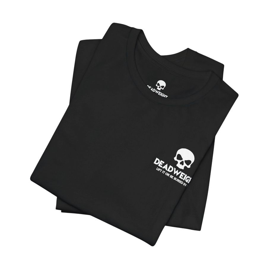DailyThreadCo. black cotton crew-neck t-shirt featuring a small white distressed skull graphic on the chest.