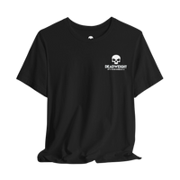 DailyThreadCo. black crew-neck cotton t-shirt featuring a small white distressed skull graphic on the chest.