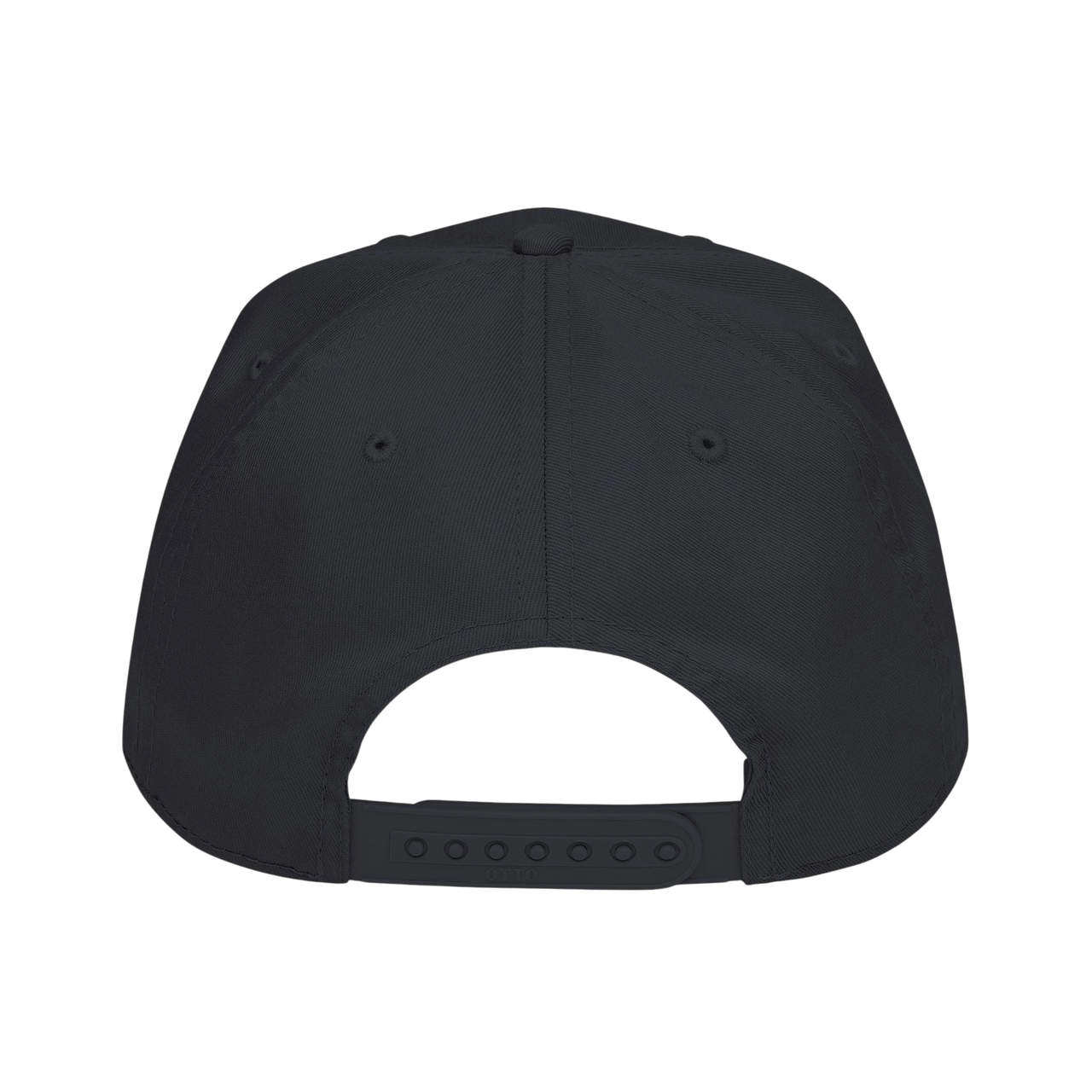 DailyThreadCo. black baseball cap with a structured 5-panel design and adjustable plastic snapback closure.