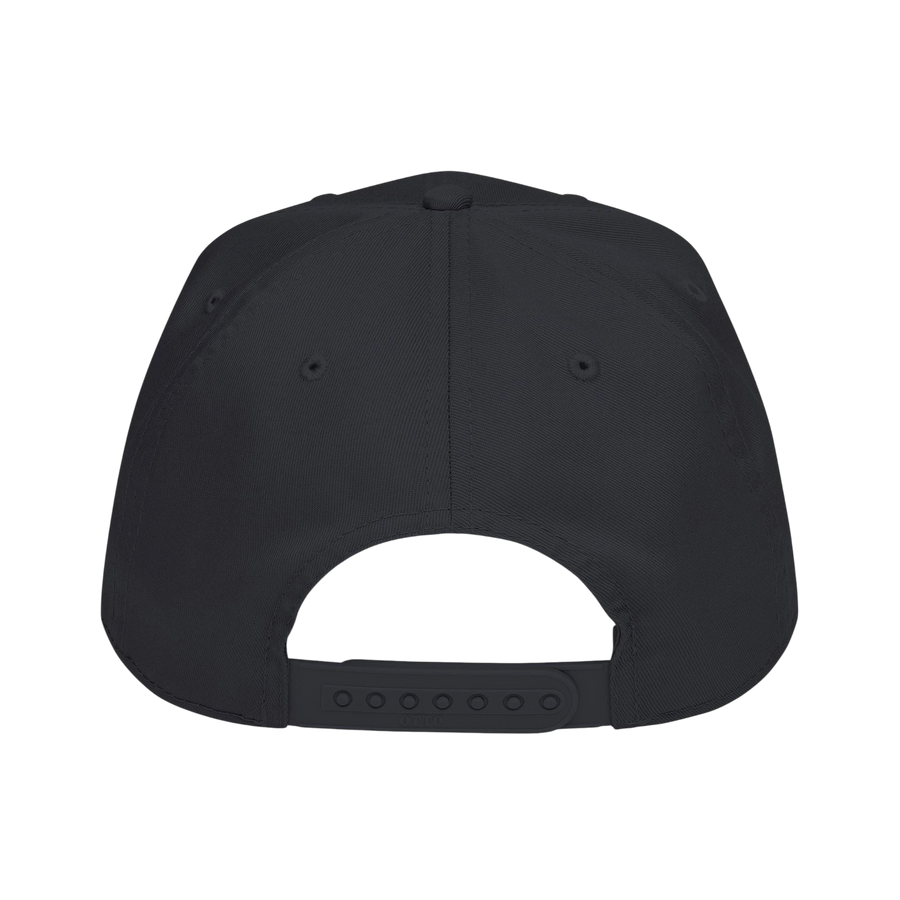 DailyThreadCo. black baseball cap with a structured 5-panel design and adjustable plastic snapback closure.