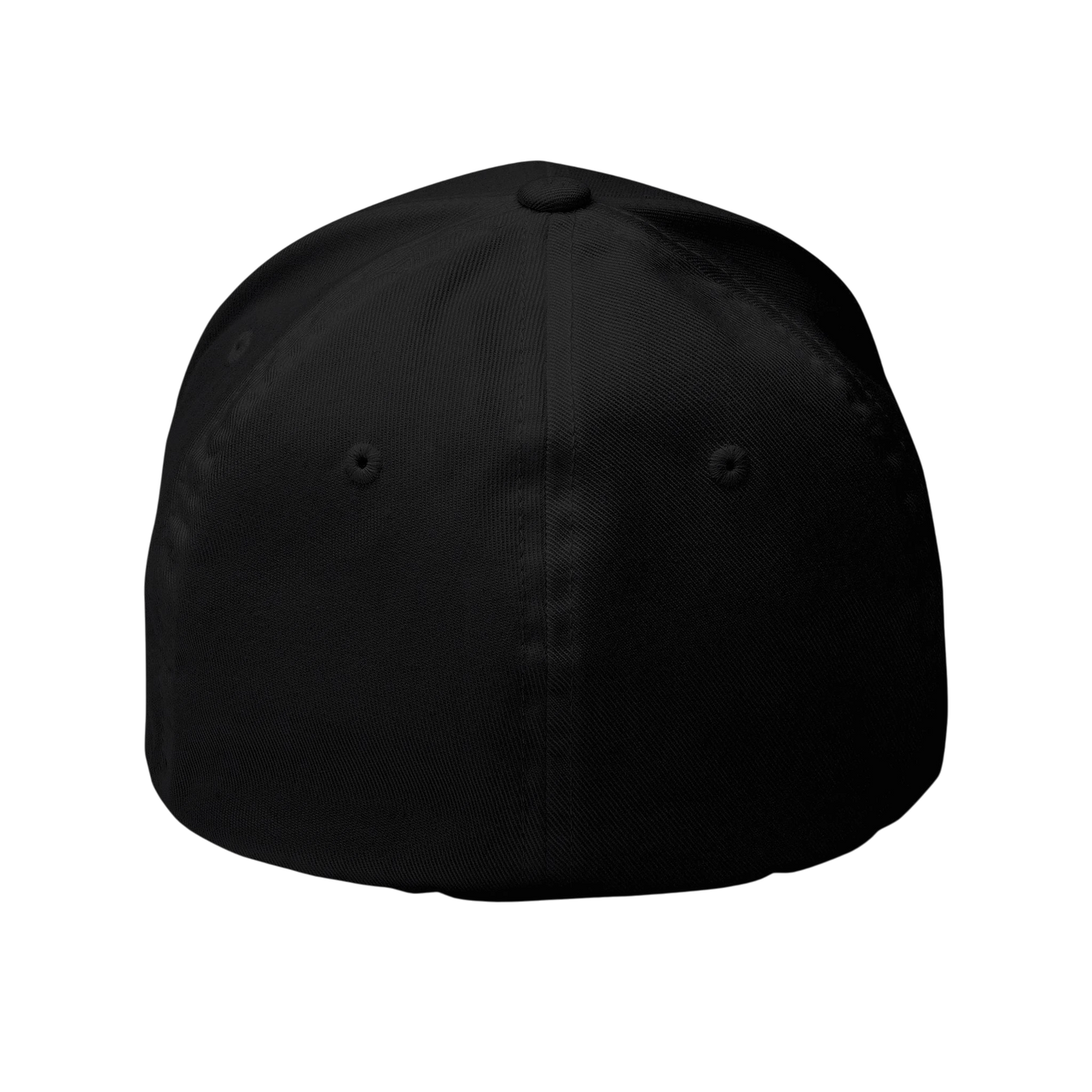 DailyThreadCo. black structured six-panel FlexFit cap with a curved visor and embroidered eyelets.
