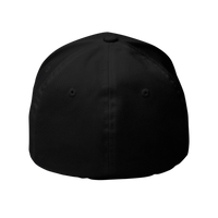 DailyThreadCo. black structured six-panel FlexFit cap with a curved visor and embroidered eyelets.
