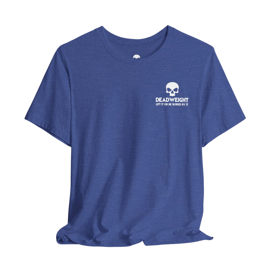 DailyThreadCo. blue cotton fitness t-shirt with a white skull logo and Deadweight graphic on the chest.