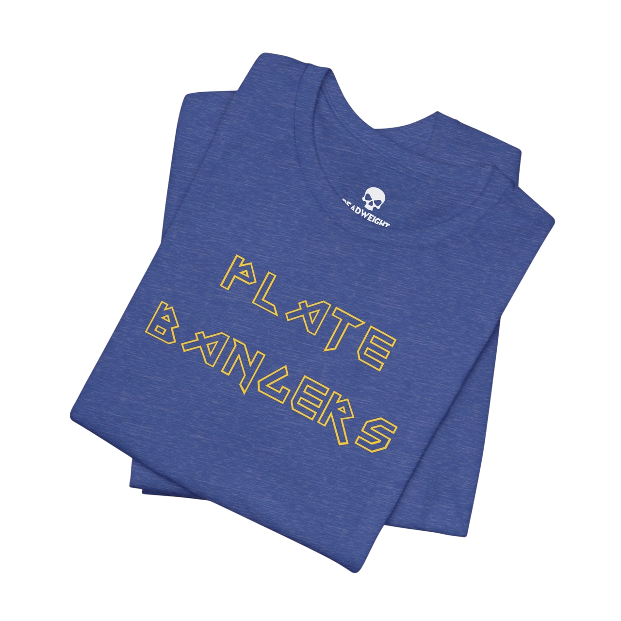DailyThreadCo. blue cotton gym t-shirt with gold geometric Plate Bangers text, folded on a black background.