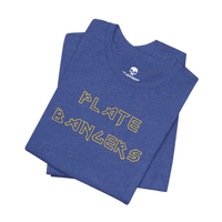 DailyThreadCo. blue cotton gym t-shirt with gold geometric Plate Bangers text, folded on a black background.