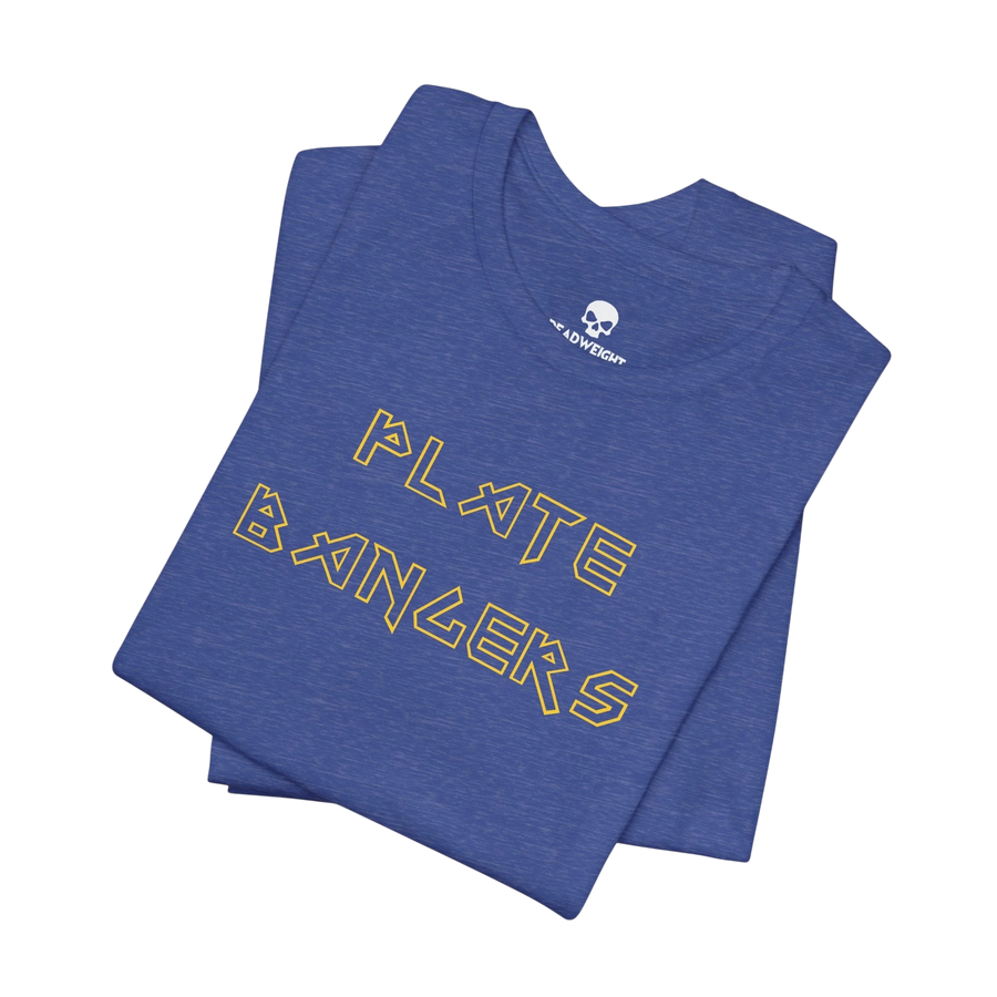DailyThreadCo. blue cotton gym t-shirt with gold geometric Plate Bangers text, folded on a black background.