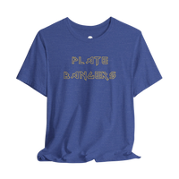 DailyThreadCo. blue cotton gym t-shirt with gold geometric Plate Bangers text on the chest.