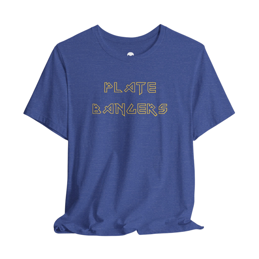 DailyThreadCo. blue cotton gym t-shirt with gold geometric Plate Bangers text on the chest.