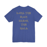 DailyThreadCo. blue cotton gym t-shirt with gold geometric back print reading Bang the Iron Break the Mold.