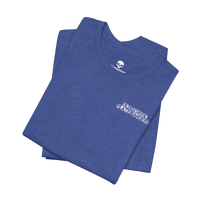 DailyThreadCo. blue crew-neck cotton t-shirt with white Old School Plate Bangers chest graphic on a black background.