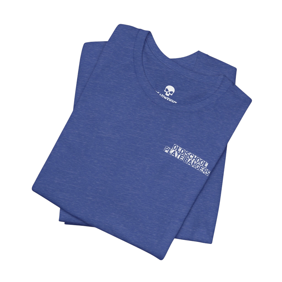 DailyThreadCo. blue crew-neck cotton t-shirt with white Old School Plate Bangers chest graphic on a black background.