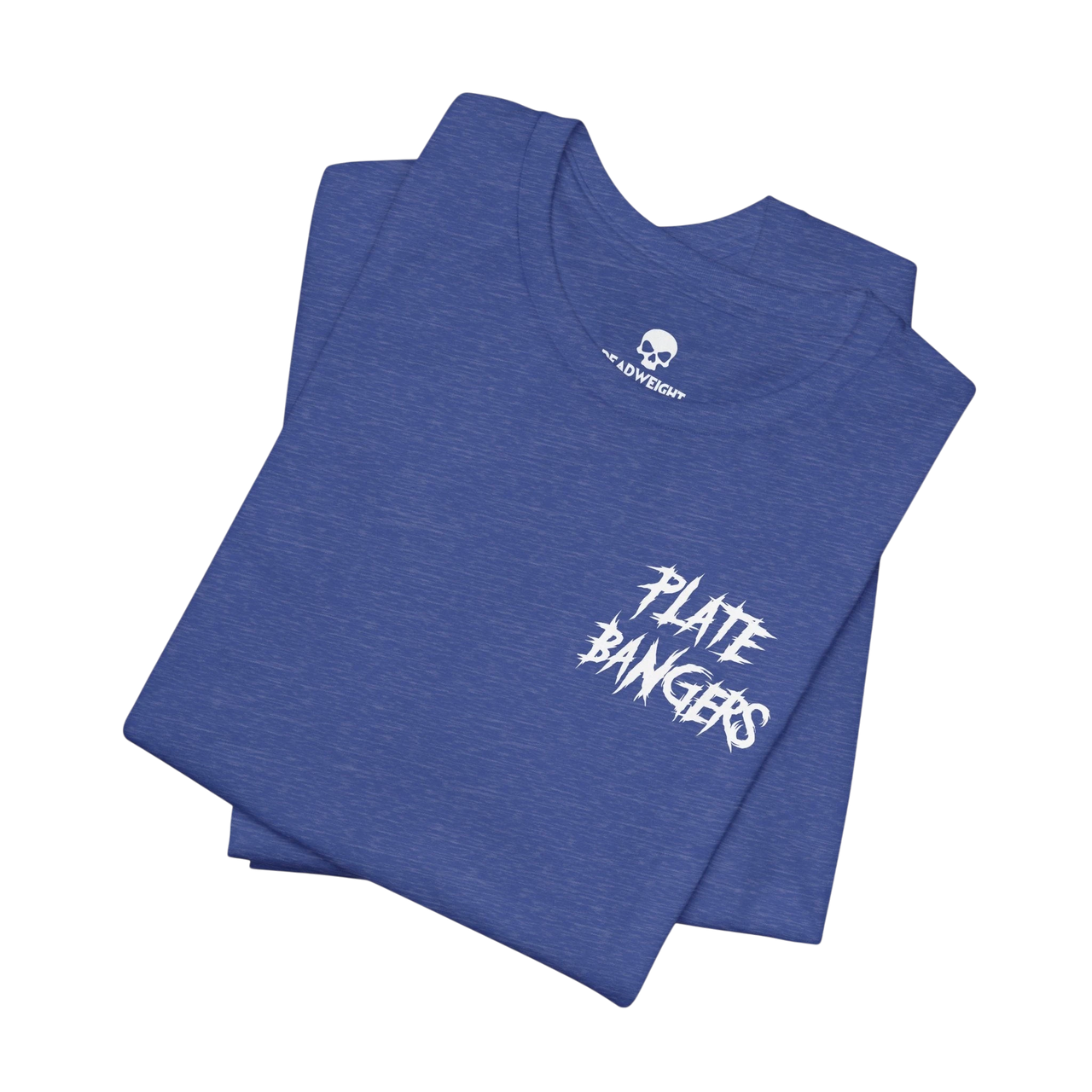 DailyThreadCo. blue cotton gym t-shirt featuring a distressed white Plate Bangers graphic on the chest.